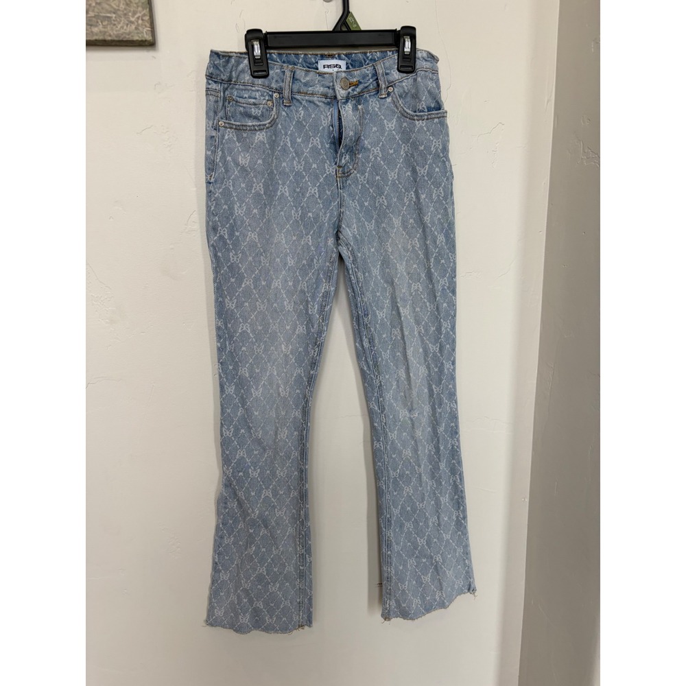 RSQ Butterfly Print‎ Flare Jeans Light Wash Denim Raw Hem Y2K Size 16